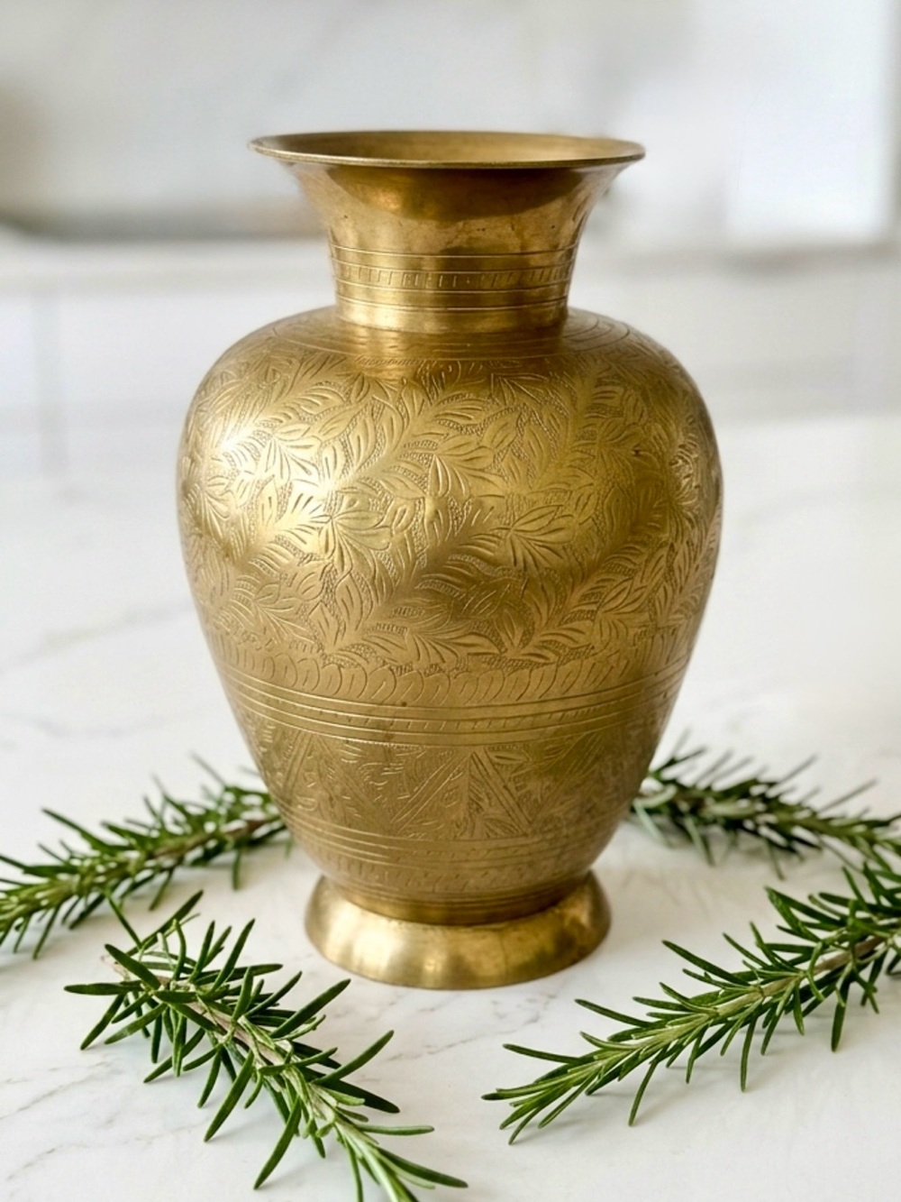 11” Ornate Gold Brass Vase with Leaf Etching
